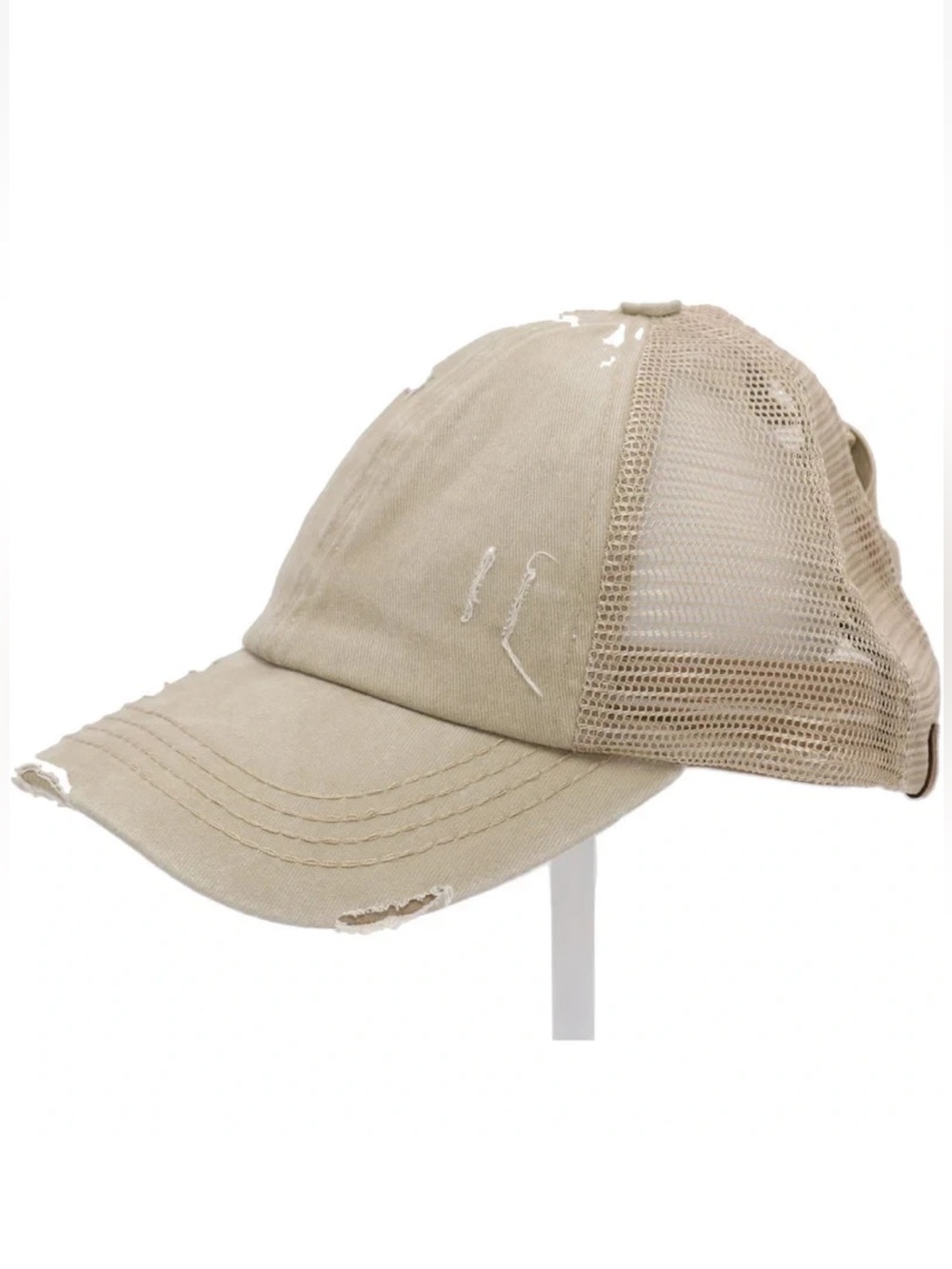 C.C. Beanie Distressed Denim/Mesh Criss Cross Ponytail Baseball Cap Trucker Hat